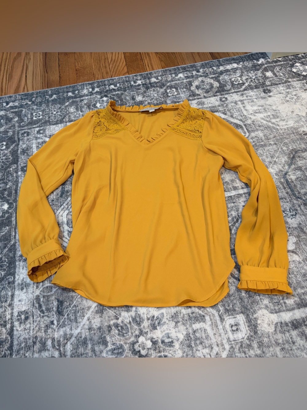 LOFT Mustard Lace-Trim Ruffle V-Neck Blouse